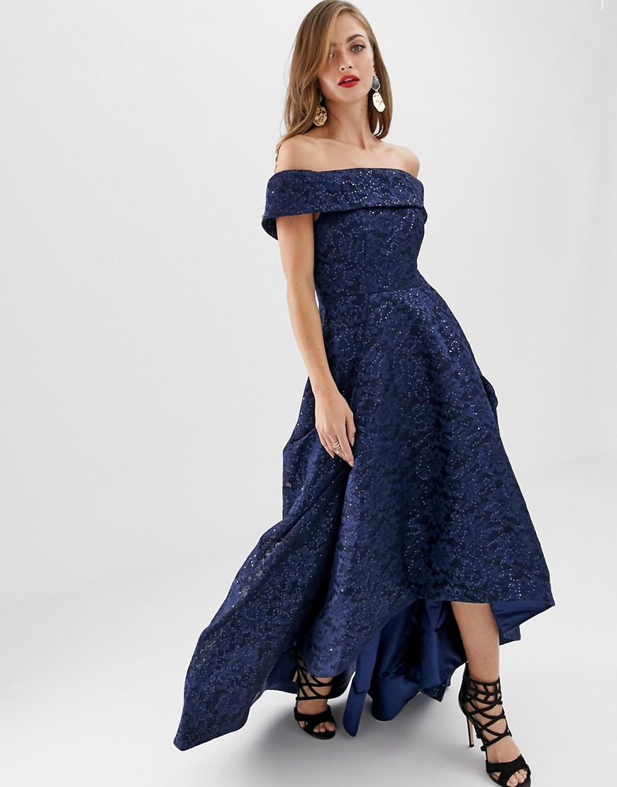 Bariano Off Shoulder Full Prom Dress With High Low Hem In Navy
