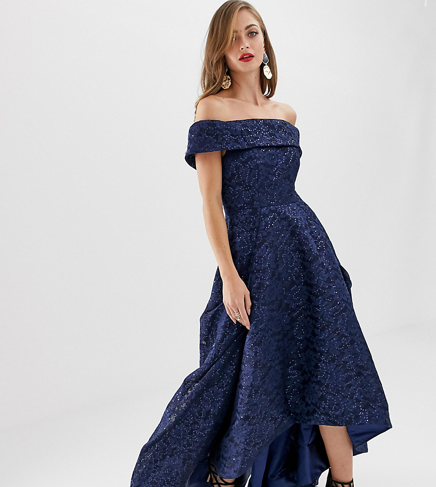 Bariano off shoulder full prom dress with high low hem in navy