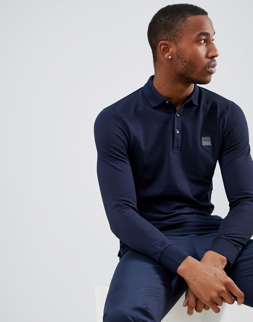 BOSS Passerby slim fit long sleeve polo in navy - Navy