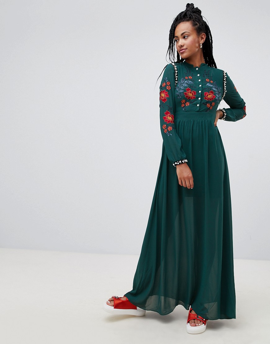 Glamorous premium maxi dress with pearl embellishment and floral embroidery - Dark green