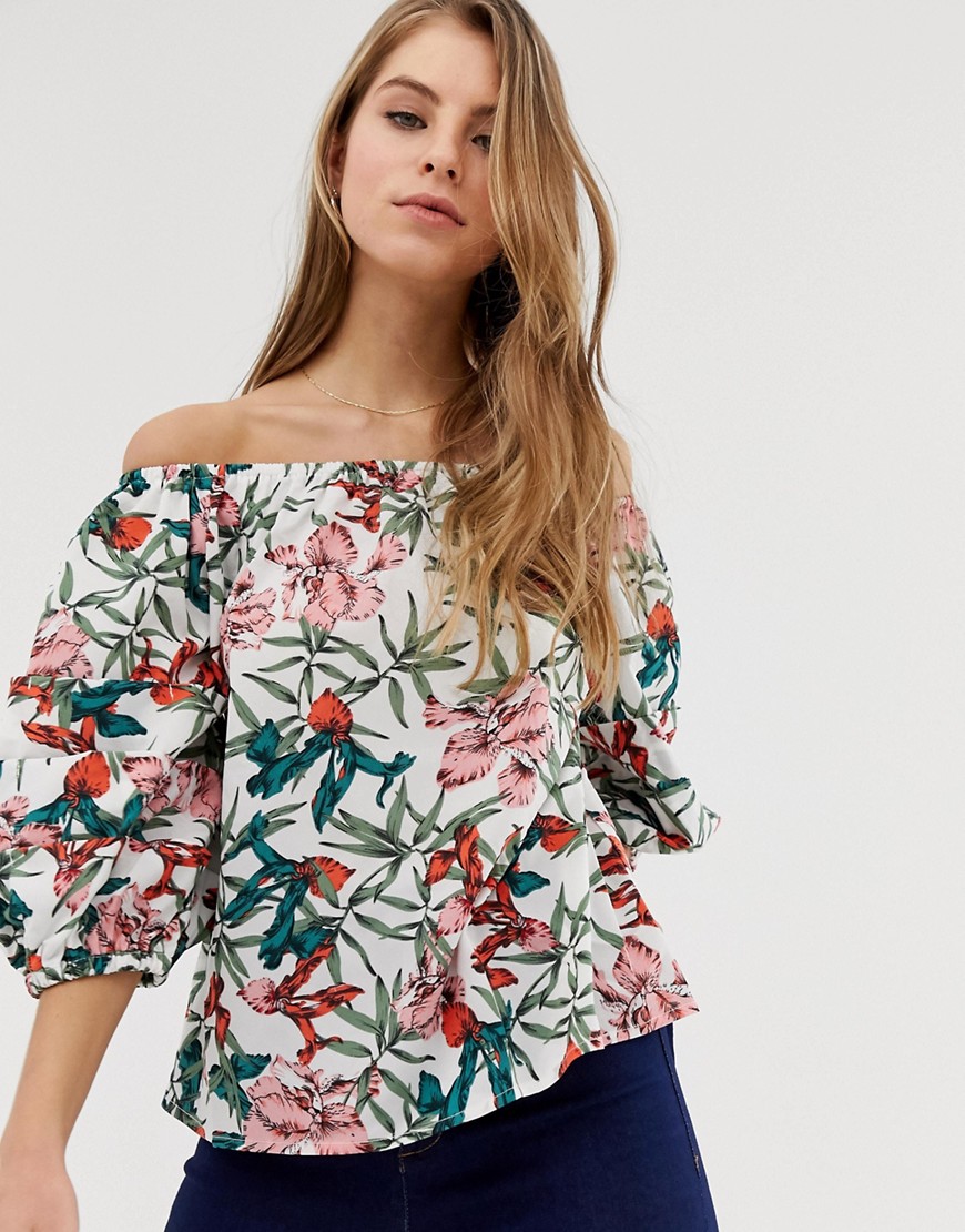 QED London bardot top with tiered sleeves in white floral