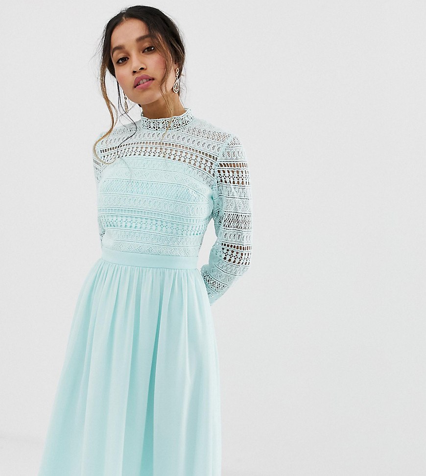 Chi Chi London Petite long sleeve lace dress with pleated skirt in mint