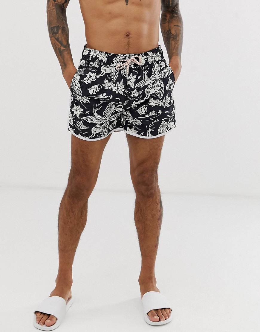 Bellfield Hawaiian print swim shorts in black