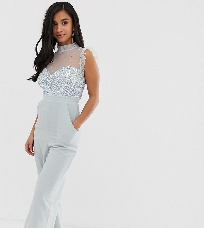Maya Petite embellished bodice wide leg jumpsuit with satin trim in ice blue