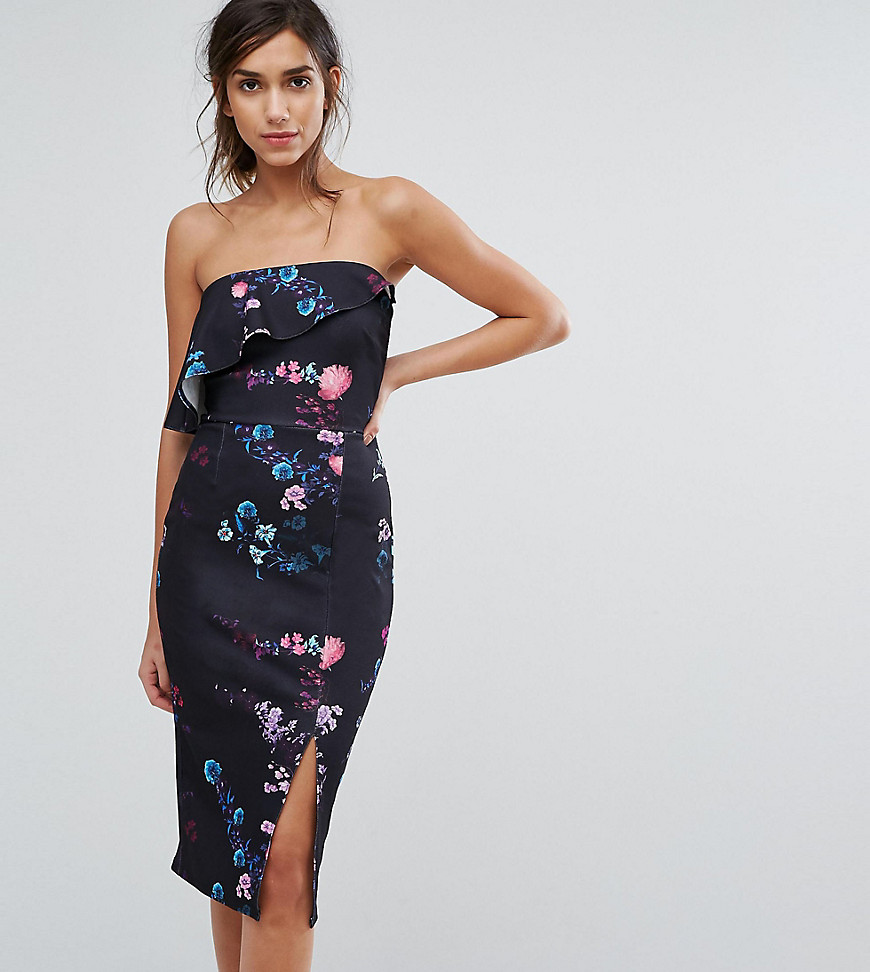 Silver Bloom Bandeau Midi Dress in Dark Floral with Overlay - Black floral