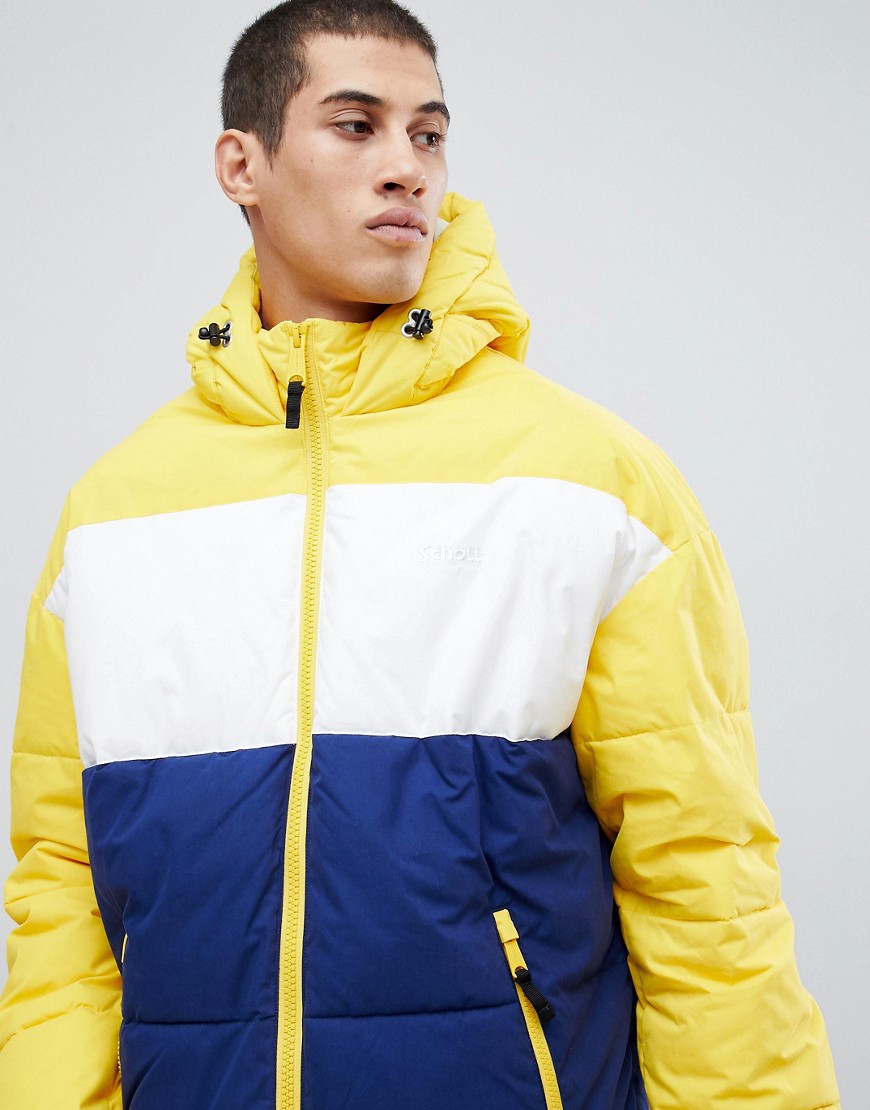 Schott alaska hooded puffer jacket colourblock regular fit in yellow/blue