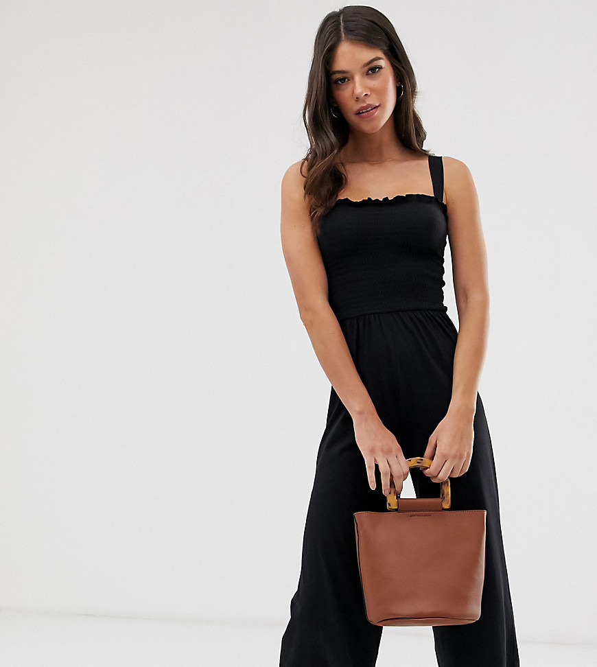 New Look Tall shirred ruffle strappy jumpsuit in black