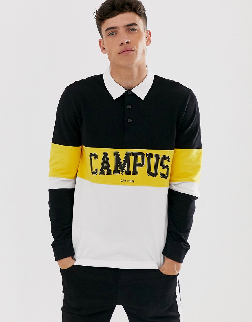 Only & Sons pique rugby polo with campus print