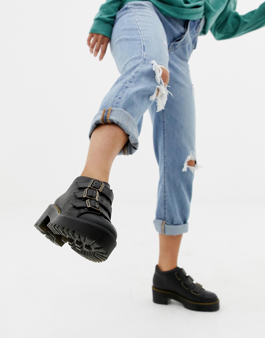 Dr Martens Coppola Black Leather Triple Strap Heeled Ankle Boots