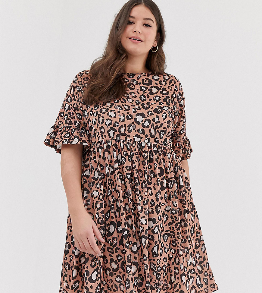 ASOS DESIGN Curve frill sleeve smock dress in leopard print