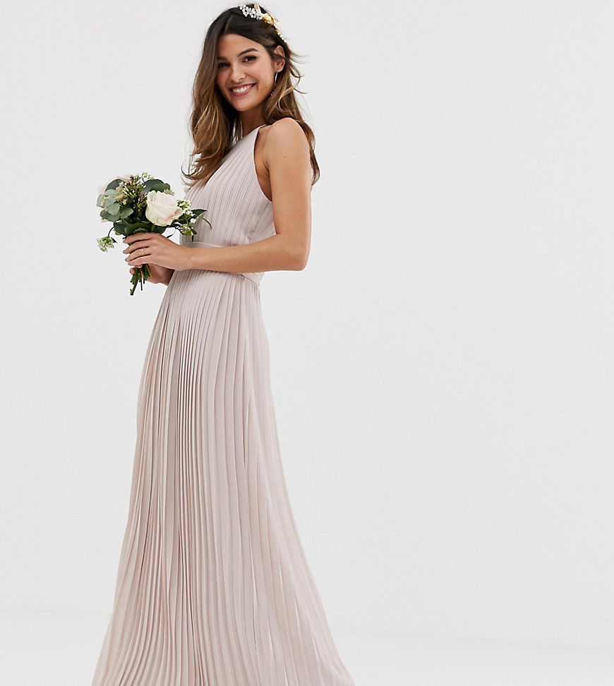 TFNC bridesmaid exclusive high neck pleated maxi dress in taupe