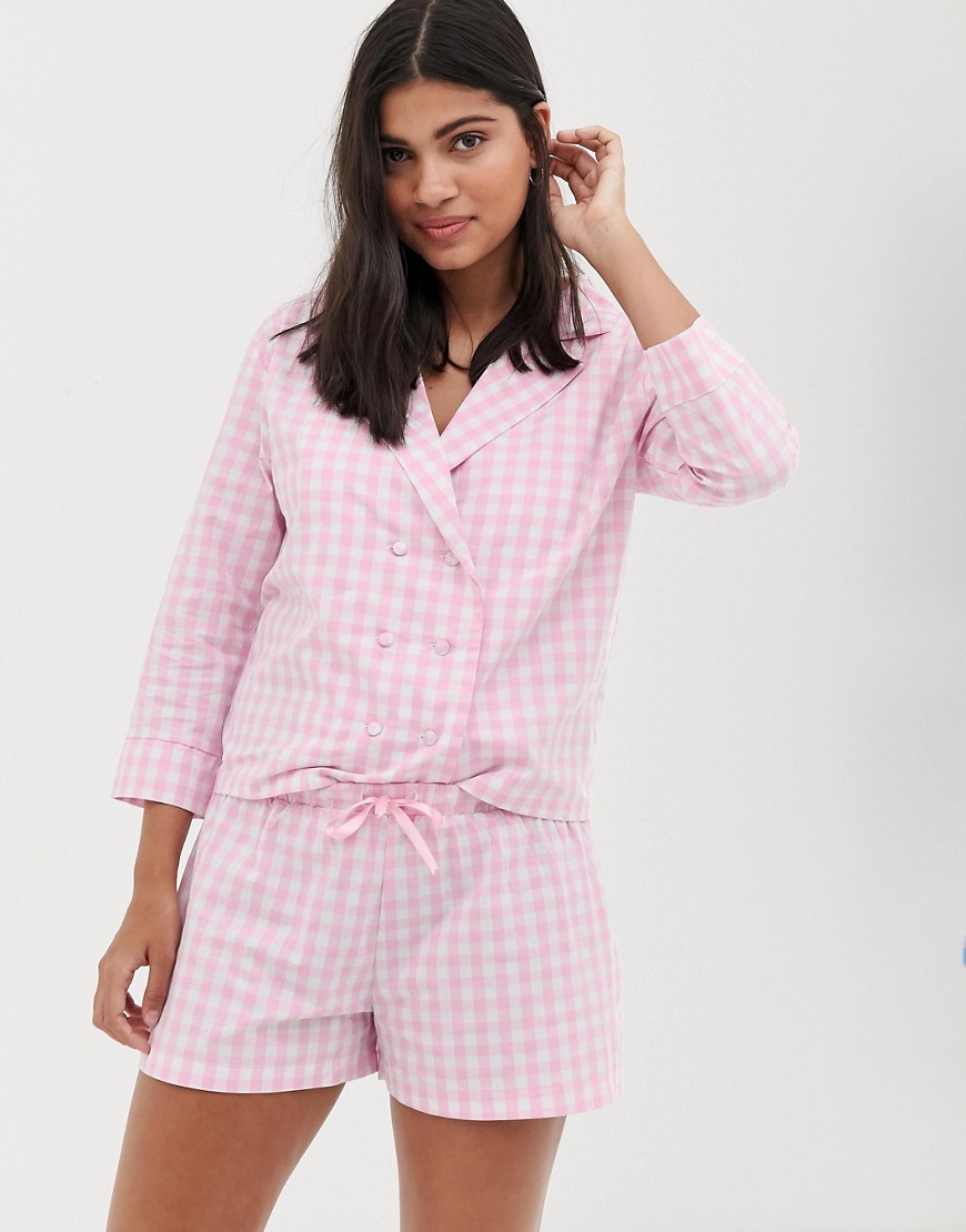 Hey Peachy gingham revere pyjama set in pink