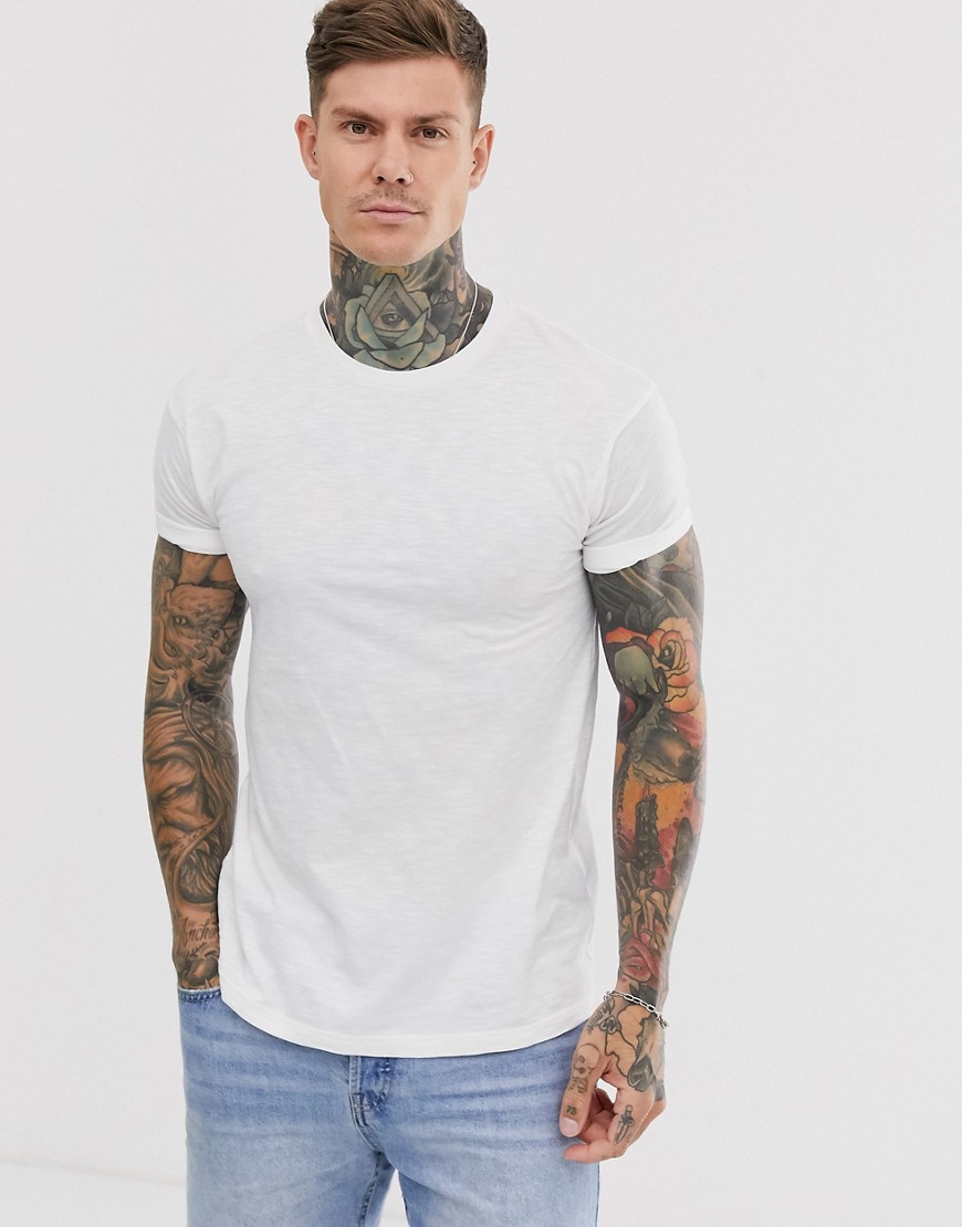 Topman roll sleeve t-shirt in white slub