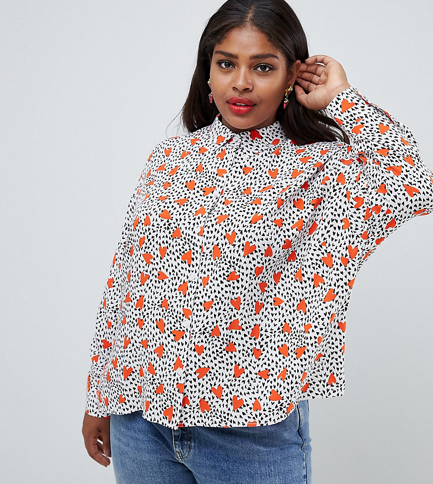 ASOS DESIGN Curve cropped long sleeve shirt in heart print - Multi