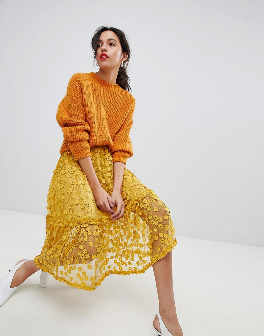 French Connection Lace Applique Midi Skirt - Mustard seed