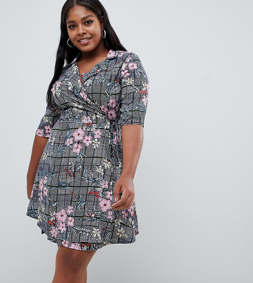 Influence Plus check and floral print wrap dress