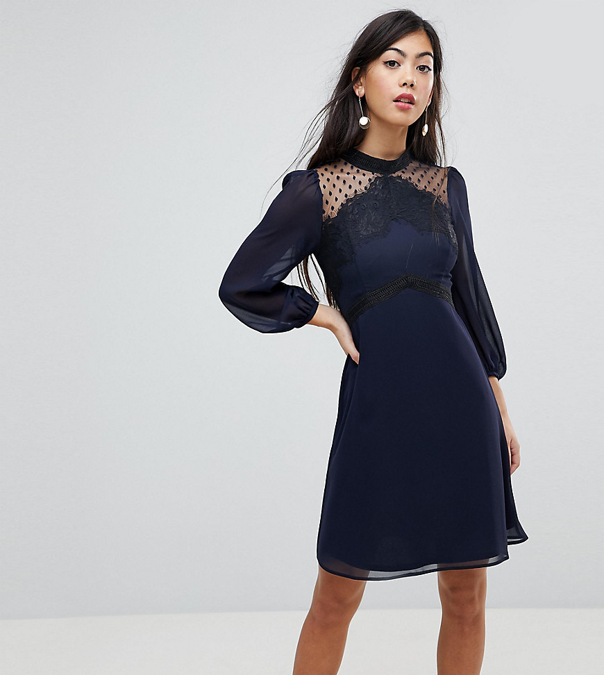 Elise Ryan Petite High Neck Skater Dress With Lace Detail