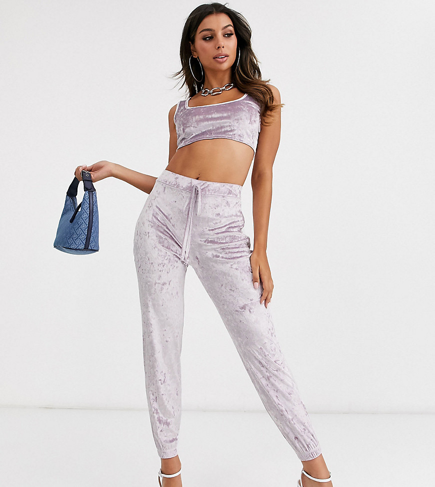 Fashionkilla crushed velvet skinny jogger in lilac
