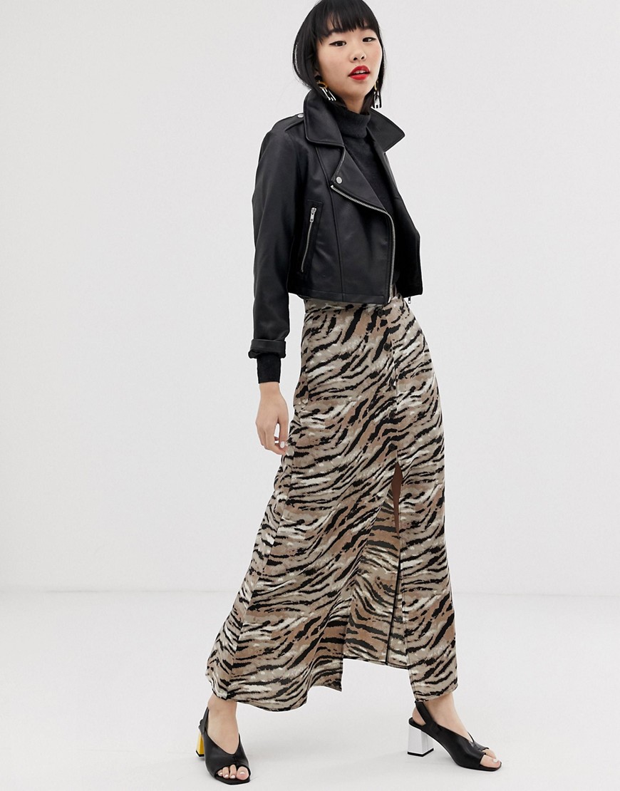 ASOS DESIGN button front maxi skirt in tiger print