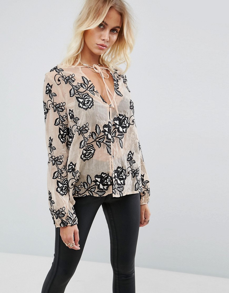 Goldie Still The One Embroidered Rose Sheer Blouse With Neck Tie - Ivory