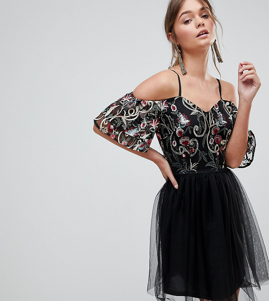 Dolly & Delicious Allover Embroidered Top Skater Dress With Pleated Skirt Detail - Black multi
