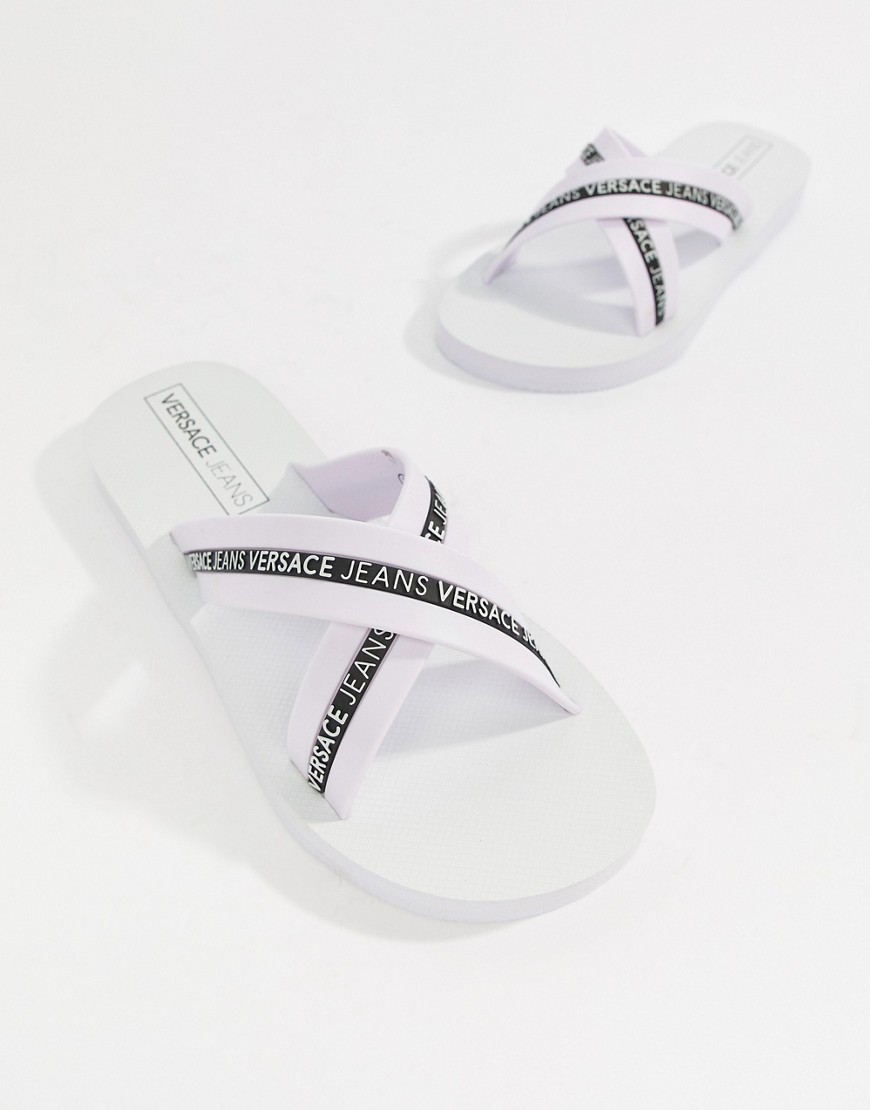 Versace Jeans Logo Cross Over Flip Flops In White - White
