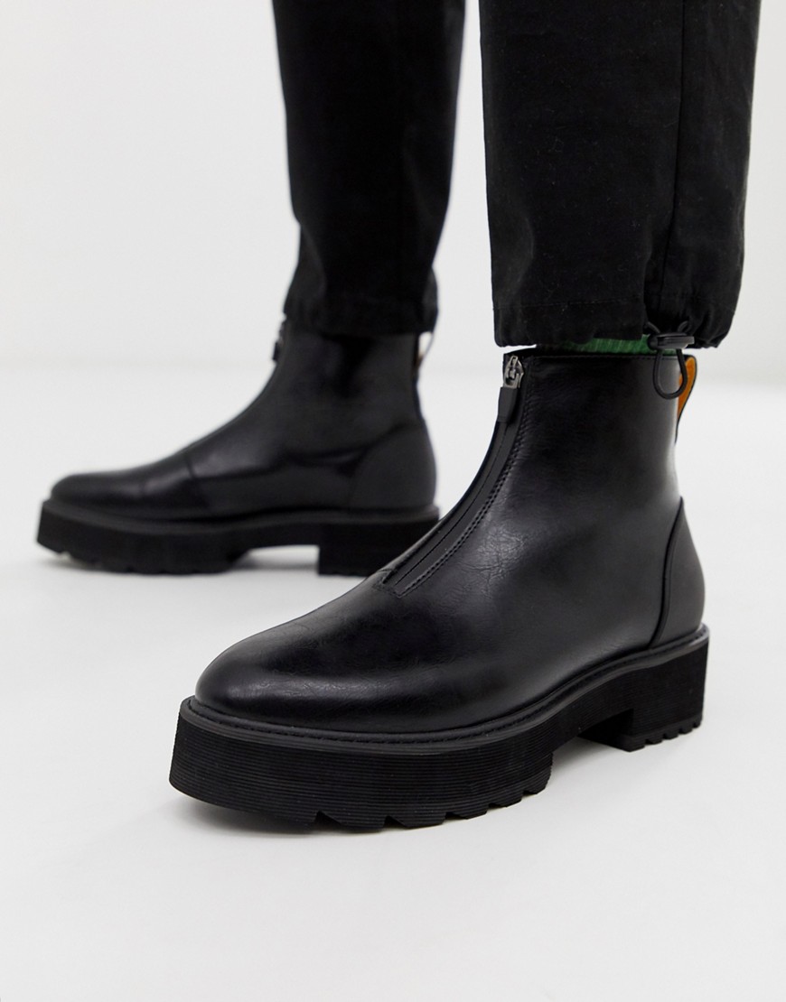 ASOS DESIGN chelsea boots in black faux leather with zip front and chunky sole