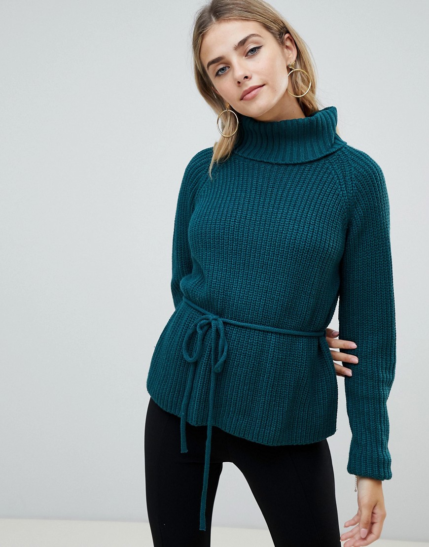 Fashion Union Roll Neck Jumper With Waist Tie - Forest green