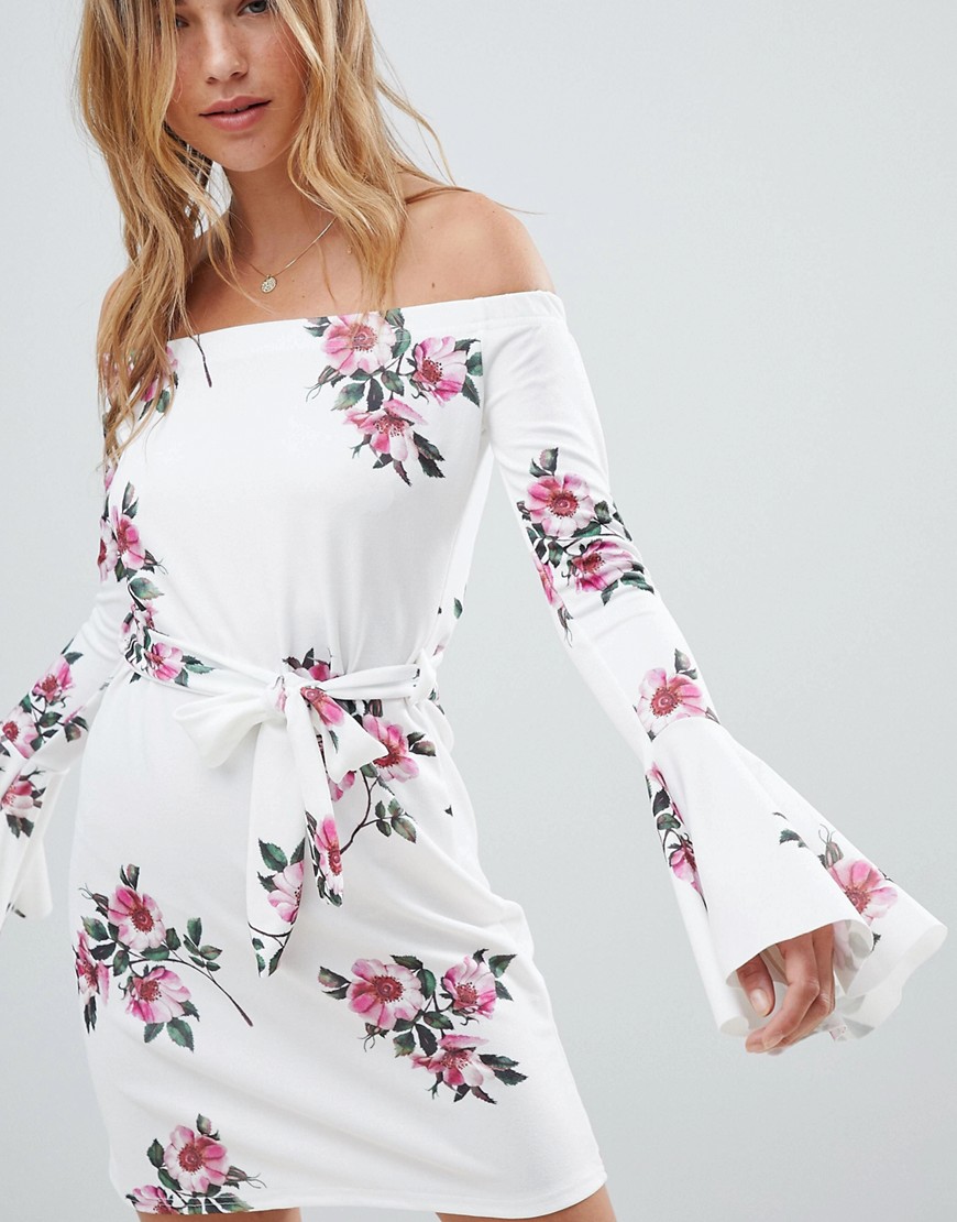Lasula Floral Off Shoulder Dress With Tie Waist - White
