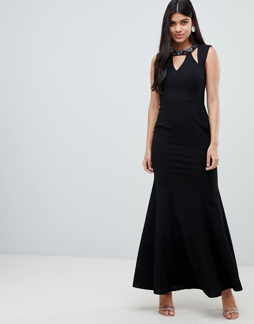 Little Mistress maxi dress with embellished cut out neckline and scoop back
