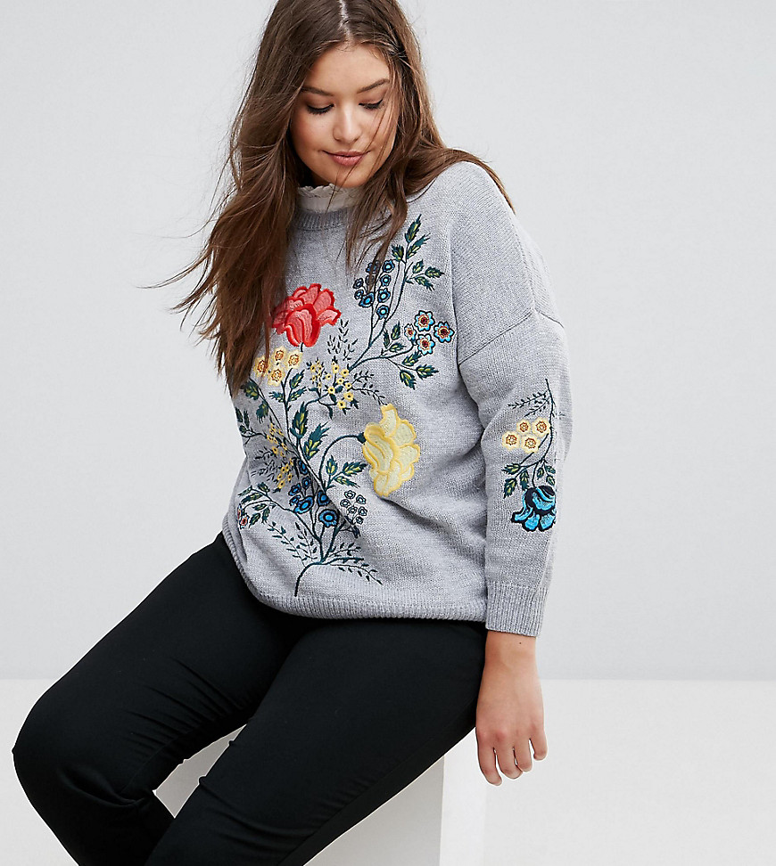 Simply Be Embroidered Jumper - Grey