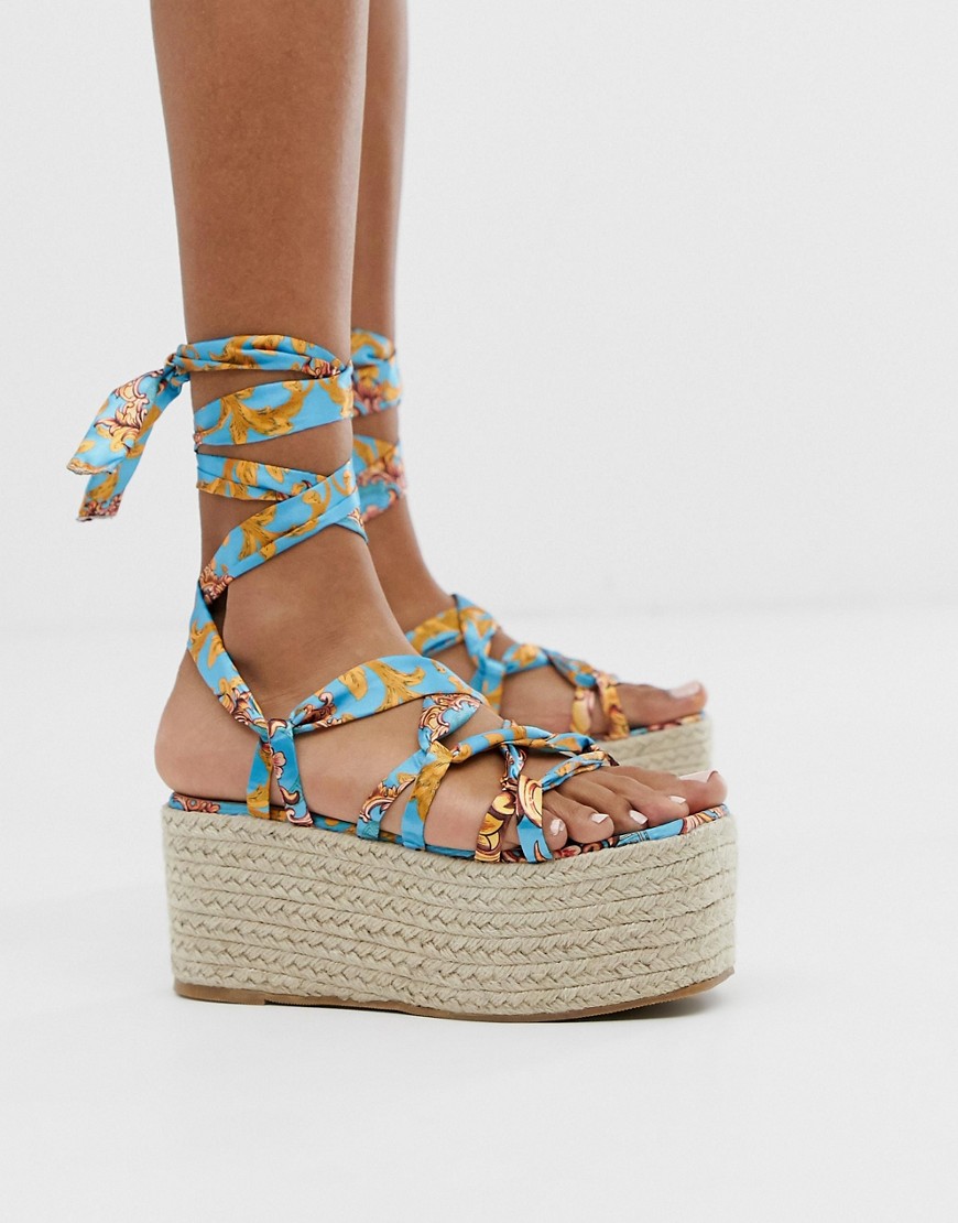 PrettyLittleThing lace up espadrille flatform in turquoise scarf print