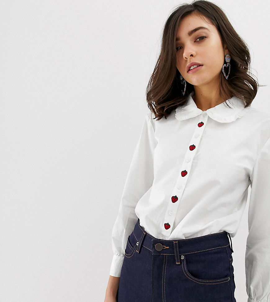 Dusty Daze shirt with oversized collar and strawberry embroidery