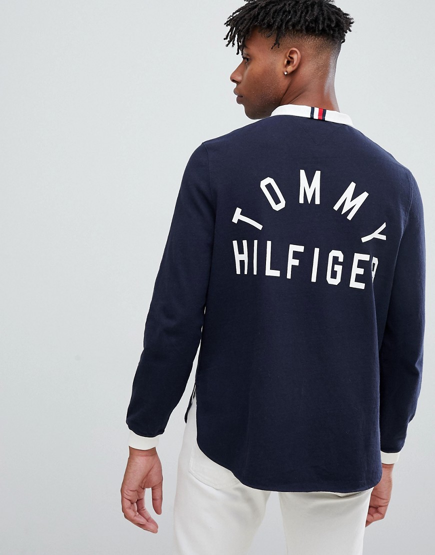 Tommy Hilfiger stand collar back logo applique rugby long sleeve relaxed fit in navy - Sky captain