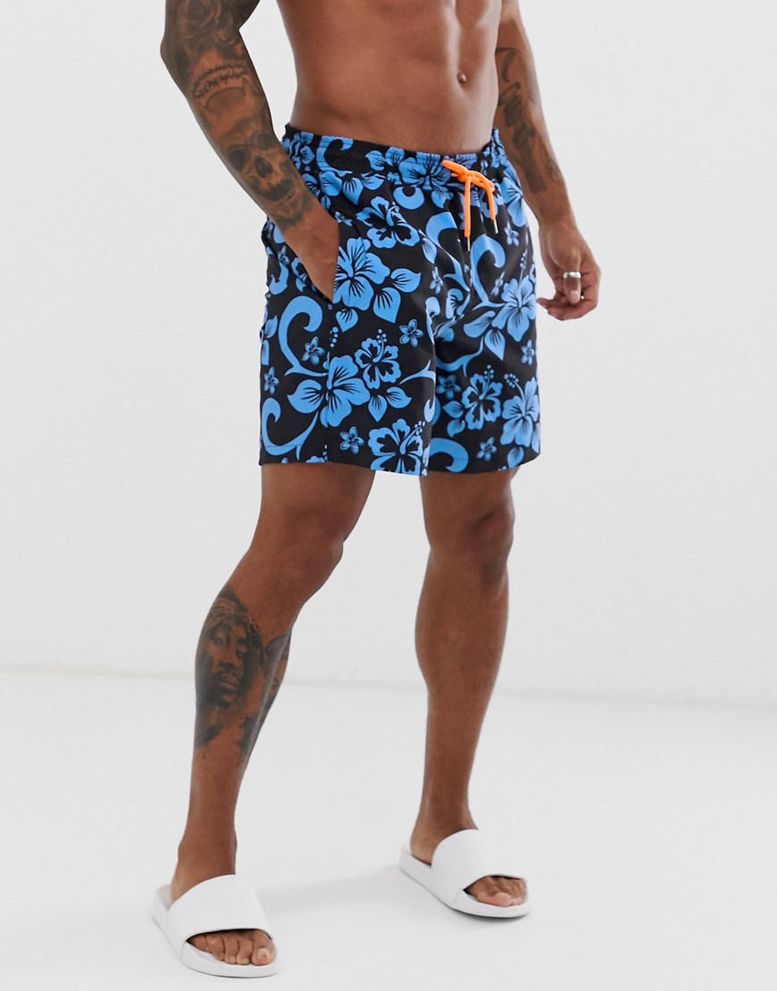 Hunky Trunks Floral Print Swim Shorts in Mid Length with Neon Orange Trim