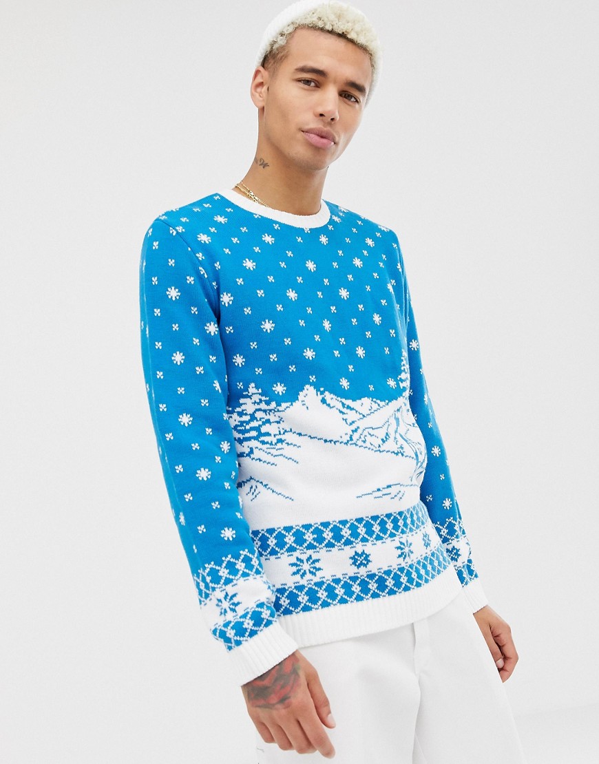 Asos Design Holidays Sweater With Ski Design In Blue - Blue