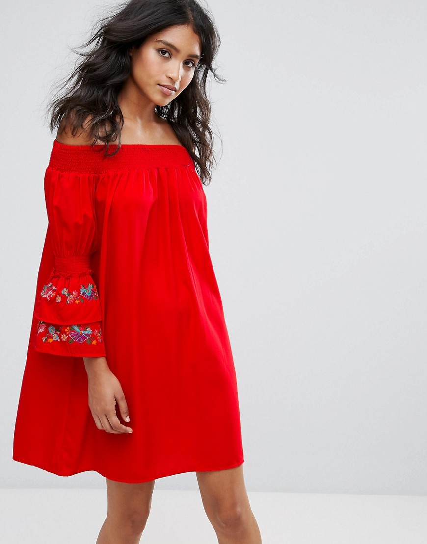 Rage Sheared Bandeau Dress With Embroidered Sleeve - Red