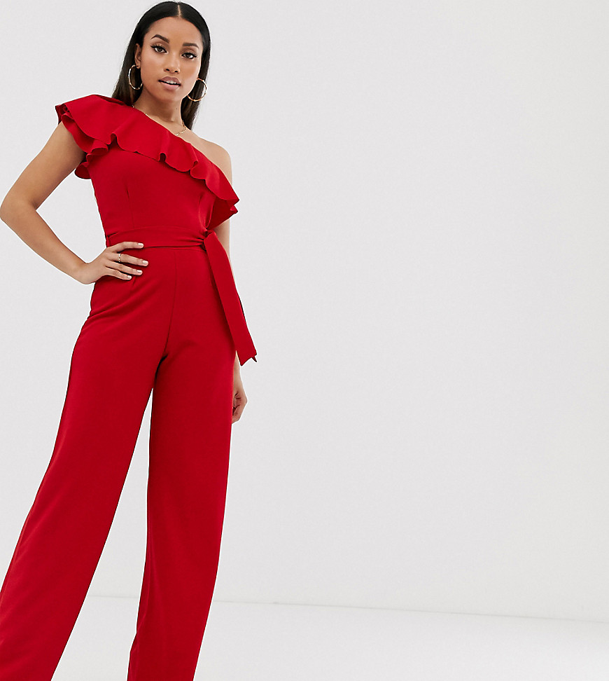 Boohoo Petite ruffle one shoulder jumpsuit with tie waist in red