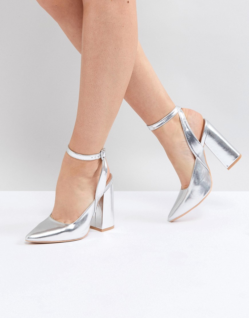 Lost Ink Silver Block Heeled Ankle Tie Shoes