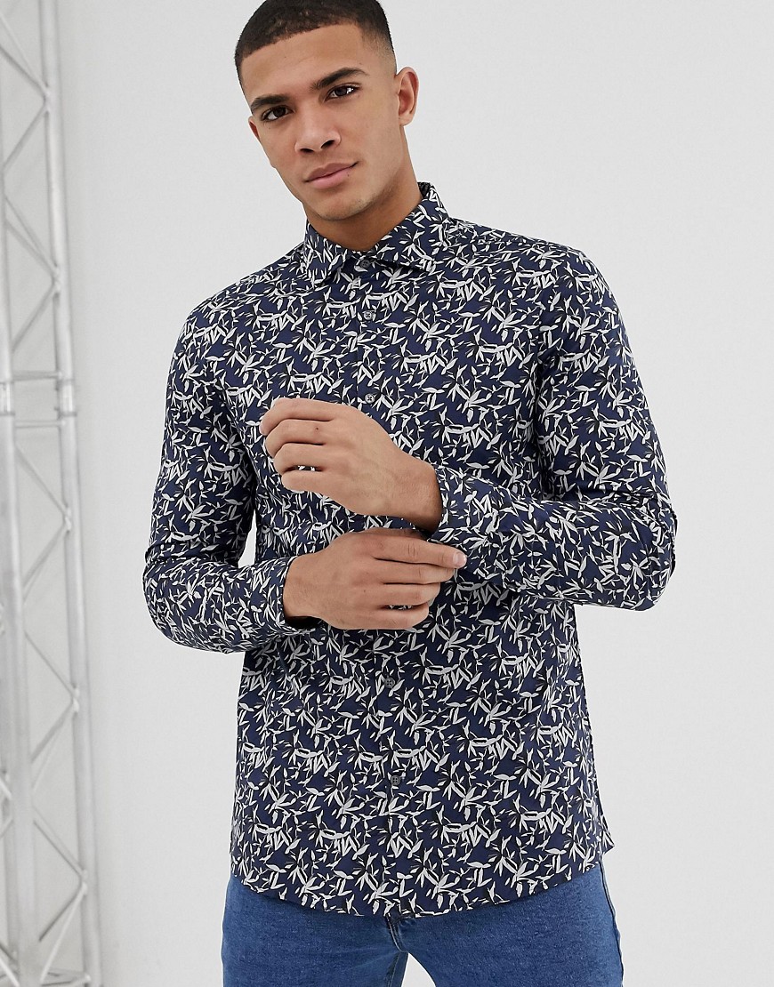 Burton Menswear skinny fit shirt with branch print in blue