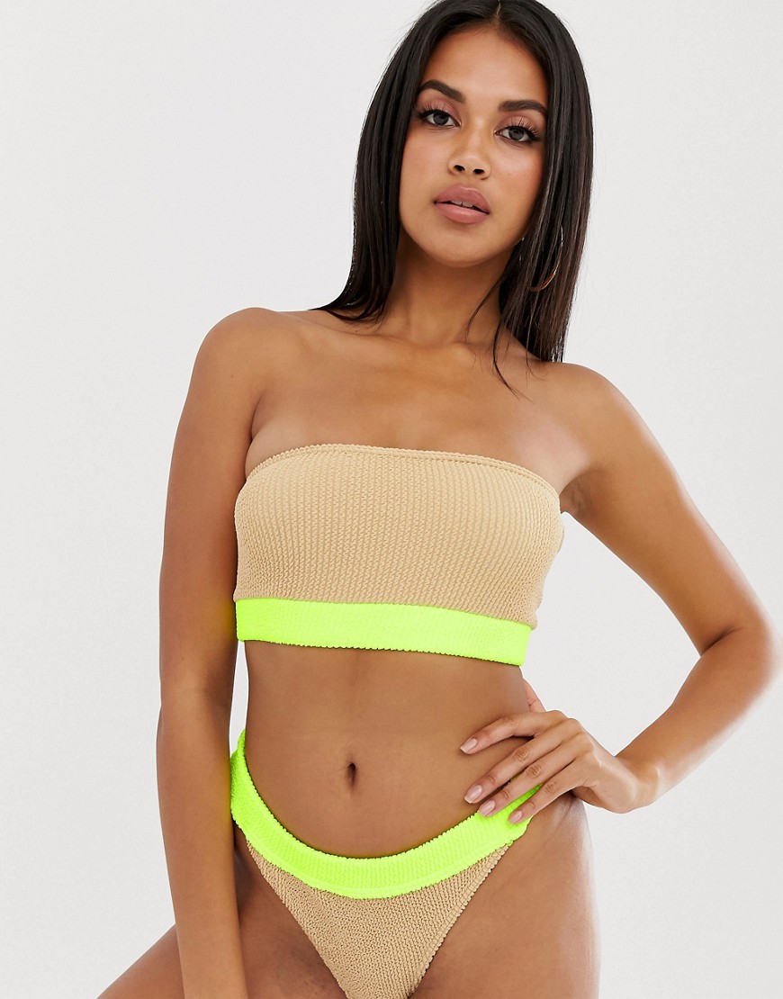 ASOS DESIGN crinkle bandeau bikini top with neutral contrast in fluro yellow