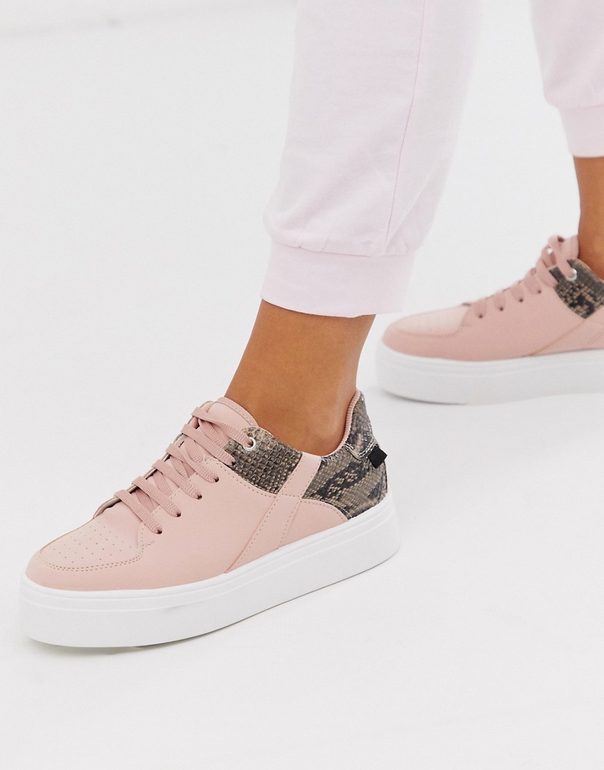 ASOS DESIGN Destiny chunky flatform trainers in pale pink and snake