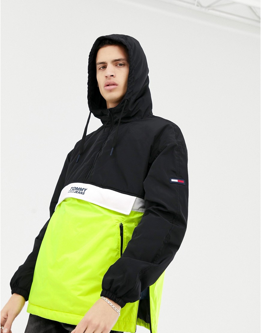 Tommy Jeans overhead colourblock hooded jacket with chest logo in black/white/yellow