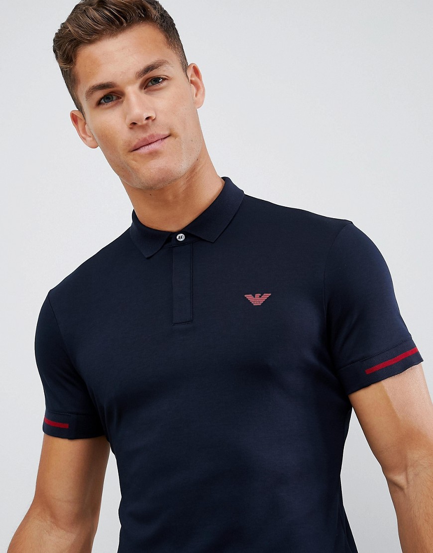 Emporio Armani slim fit mercerised polo shirt with stripe cuff in navy