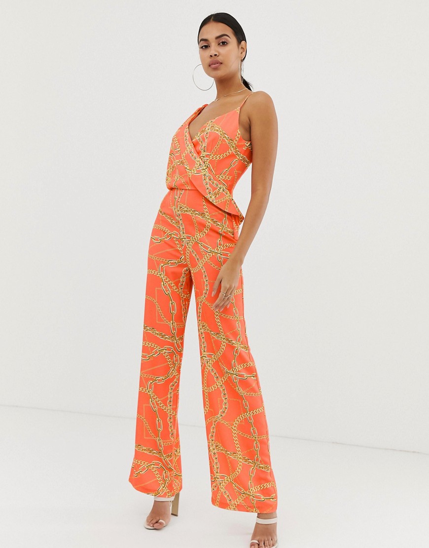 4th + Reckless flared leg chain print jumpsuit in orange