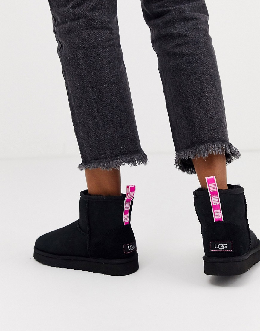 Ugg Mini Classic Boot With Neon Logo Taping In Black And Pink