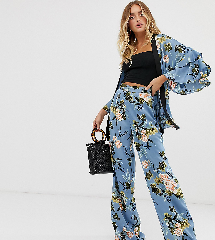 Missguided co-ord satin wide leg trousers in blue floral print