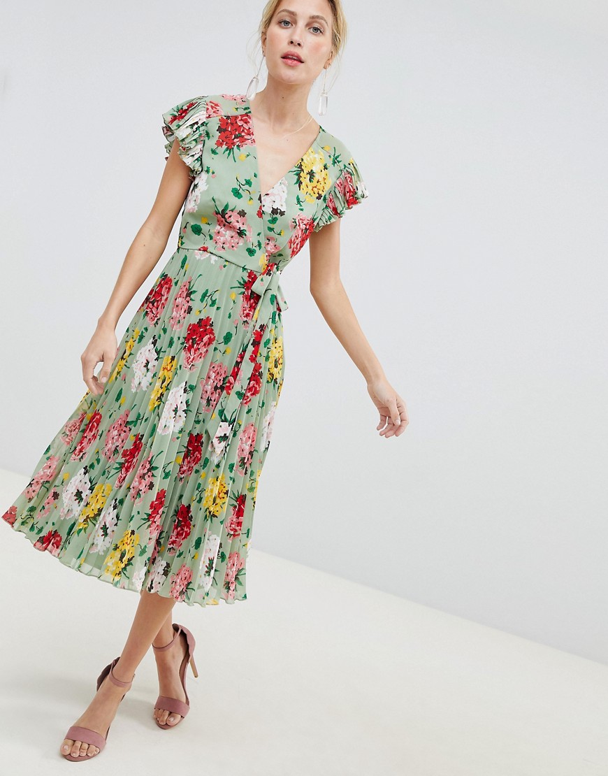 Asos Design Pleated Midi Dress With Flutter Sleeve In Vintage Floral - Multi