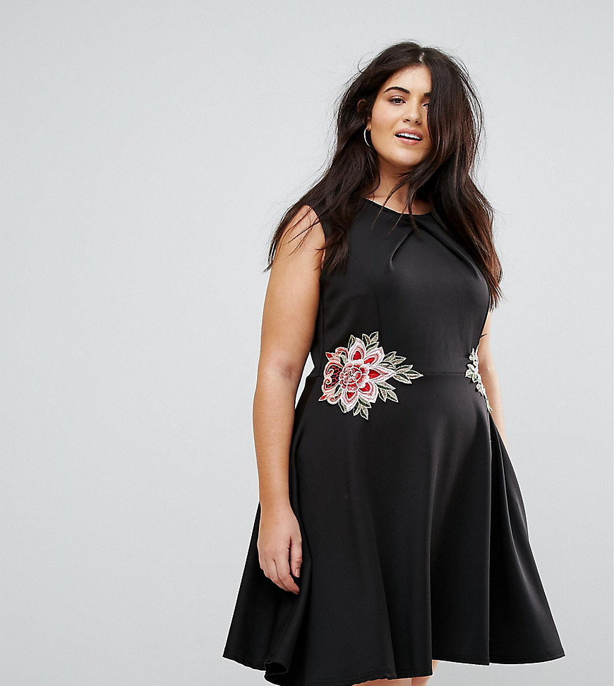 Praslin Skater Dress with Floral Embroidery - Black