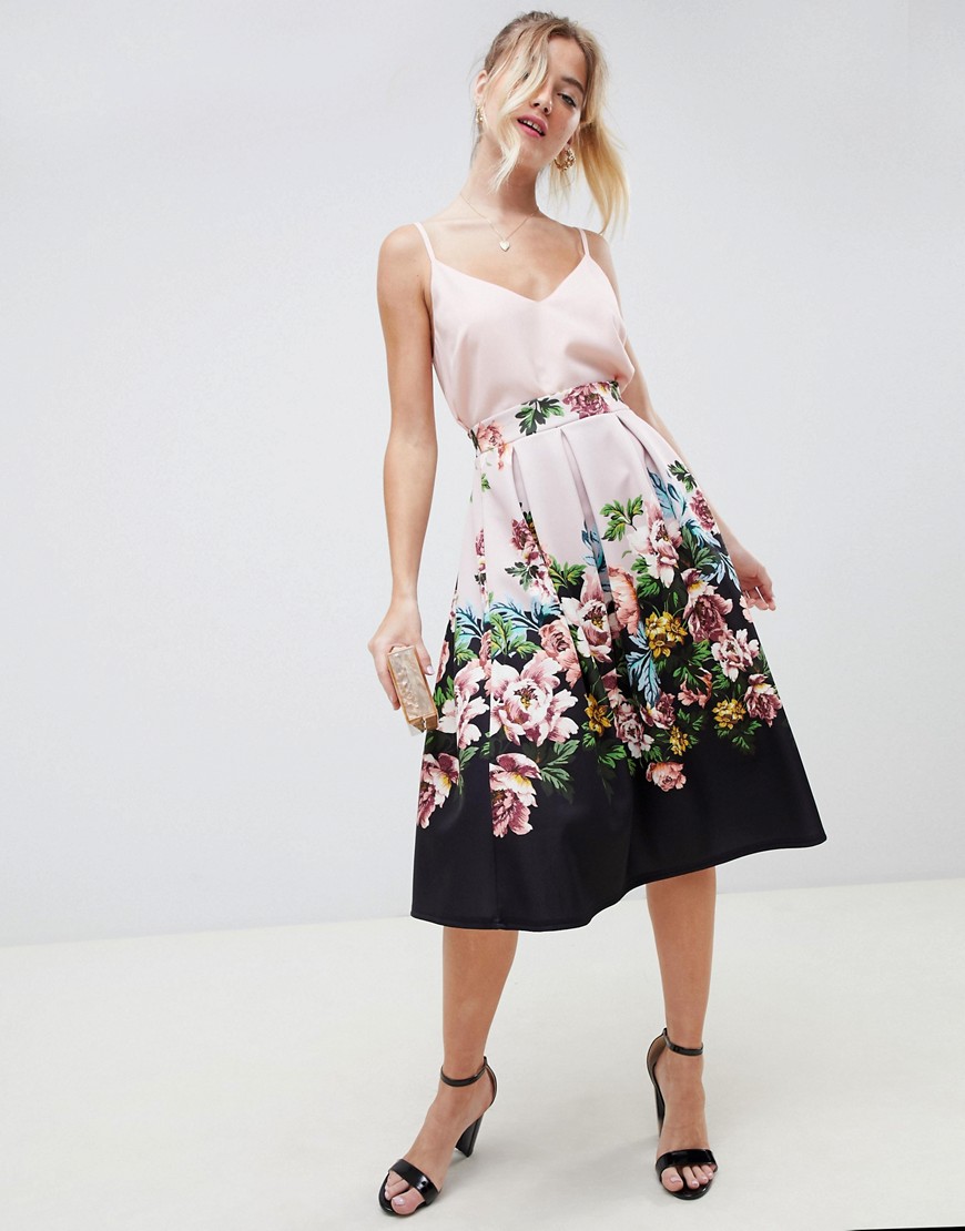 ASOS DESIGN scuba midi prom skirt with placement floral print